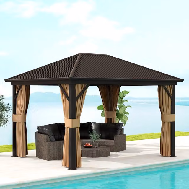 Outsunny Brown Metal and Aluminium Hardtop Outdoor Gazebo W: 360 cm, D: 300 cm