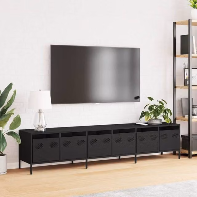 Berkfield Home Industrial TV Cabinet in Matt Black Metal, W/D/H: 202 x 39 x 43.5 cm – 1