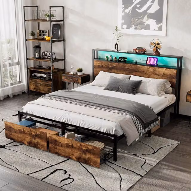 Aosom UK Metal Double Bed Frame with 4 Drawers, LED Light Strip and 3 USB Ports, Black and Dark Walnut, W/D/H: 207.5 x 135 x 105 cm – 1
