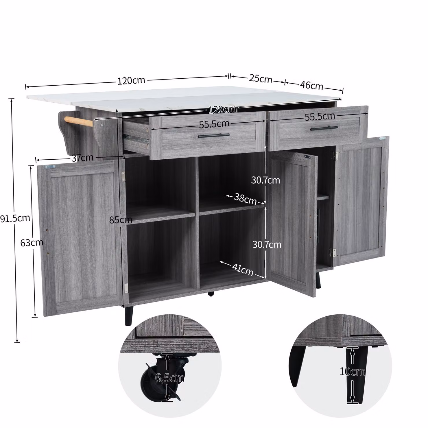 Aosom UK Mobile Kitchen Island Trolley with 2 Drawers and Foldable Tabletop, Grey and White, W: 46 cm, D: 71 cm, H: 91.5 cm – 3