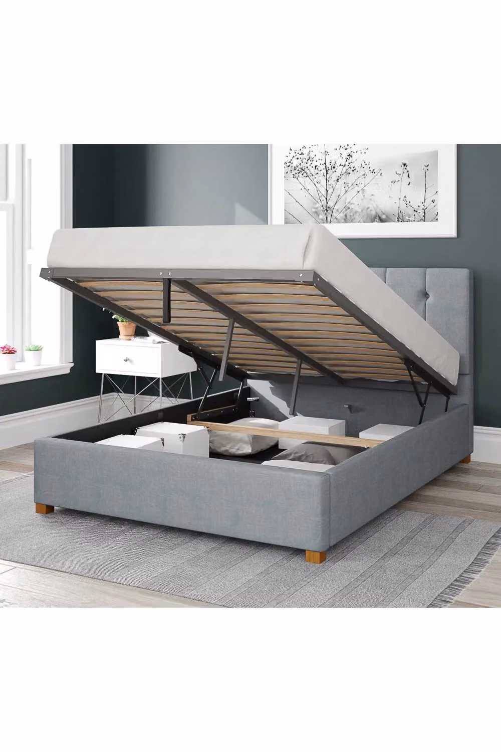Aspire Hepburn Upholstered Ottoman Storage Bed in Light Blue Fabric, W/D/H: 140 x 200 cm – 2