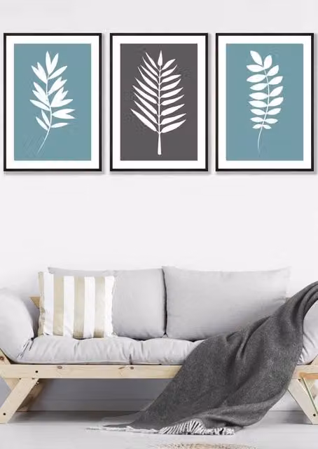 ARTZE Set of 3 Blue, Grey and White Botanical Leaf Graphic Wall Art in Black Frames, W45 x H62 x D2 cm