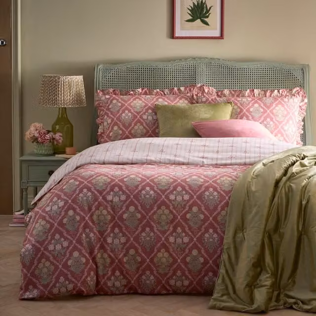 Appletree Aurelia Reversible Floral Cotton Duvet Cover and Pillowcase Set in Pink and Green, 200 x 200 cm