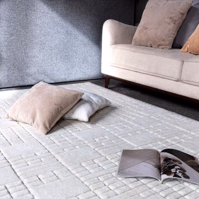 The Rug Shop UK Cream and Beige Handmade Wool Modern Geometric Checkerboard Rug W: 160 cm, D: 230 cm