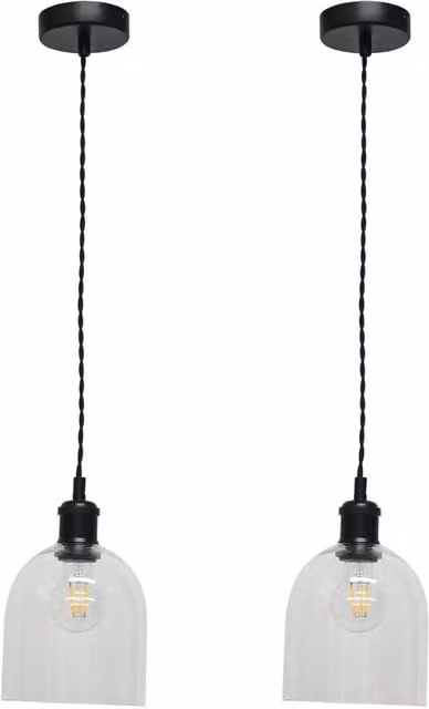 First Choice Lighting Belten Set of 2 Retro Pendant Lights with Black Metal and Transparent Glass Cloche, Height Adjustable – 1