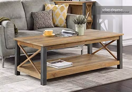 baumhaus Urban Elegance Extra Large Rectangular Coffee Table in Brown with Reclaimed Solid Wood and Steel Frame, W: 130 cm, D: 65 cm, H: 47 cm – 2