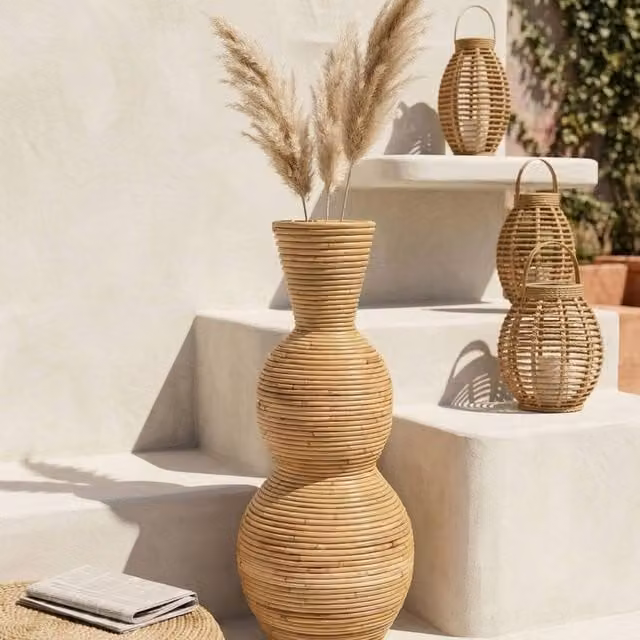 Wyld and Coco Natural Handwoven Rattan Vase in Brown and Beige, Height: 70 cm, Width: 23 cm, Depth: 23 cm – 1
