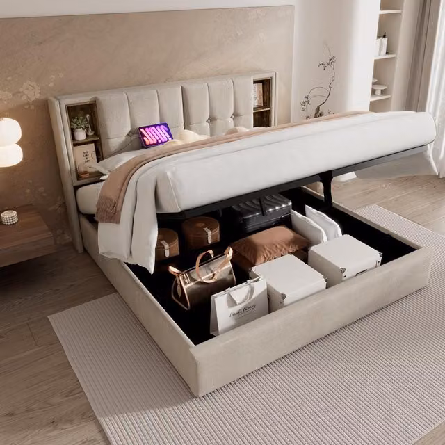 Aosom.UK King Size Upholstered Bed Frame with Hydraulic Storage and Wireless Charging, Beige, W/D/H: 185 x 206 x 100.5 cm – 1