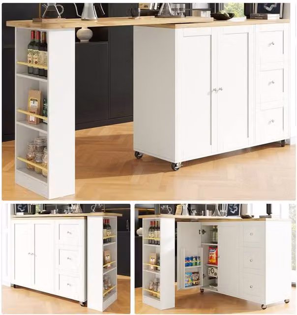 Rolipo 360 Swivel Bar Table in White, Modern Kitchen Island with 3 Drawers and Castors