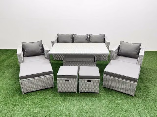 Fimous 8 Piece Rattan Dining Table Set with 3 Seater Sofa in Light Grey