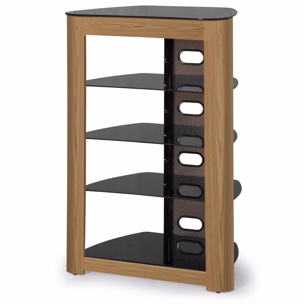 Centurion Supports Zinnia 5-Shelf Gloss Black and Mountain Oak Real Wood Veneer AV Rack Glass Multimedia Stand W/D/H: 102 x 49 x 68 cm – 3