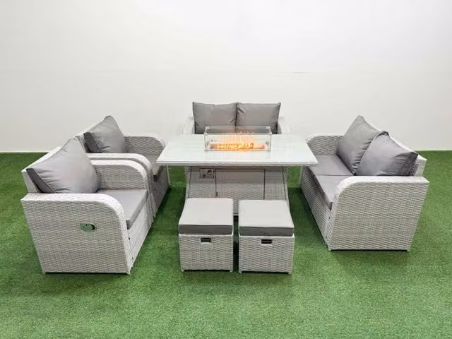 Fimous 8 Seater Rattan Garden Furniture Set with Reclining Love Sofa, Firepit Dining Table and 2 Stools in Light Grey