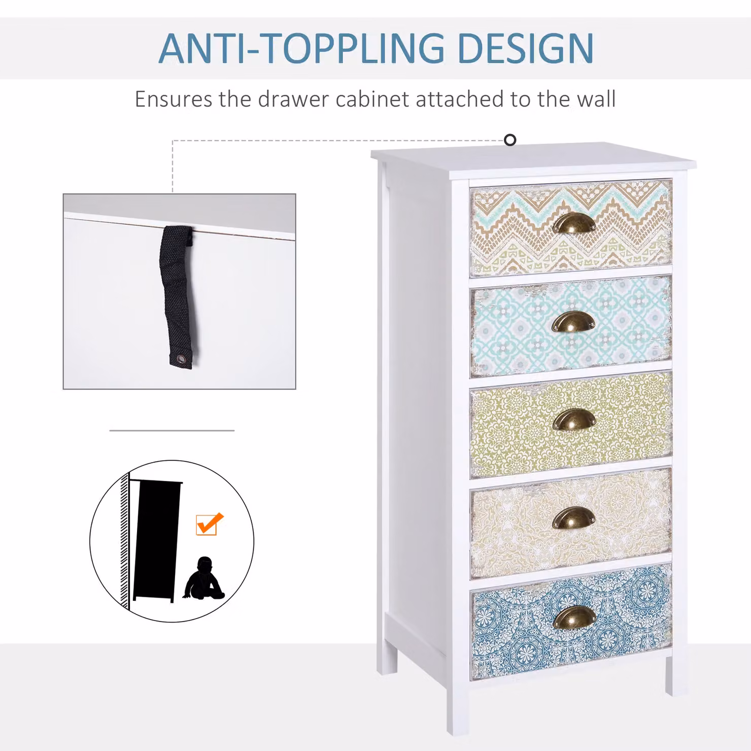 HOMCOM Retro Style 5 Drawer Wood Storage Chest in White – 2