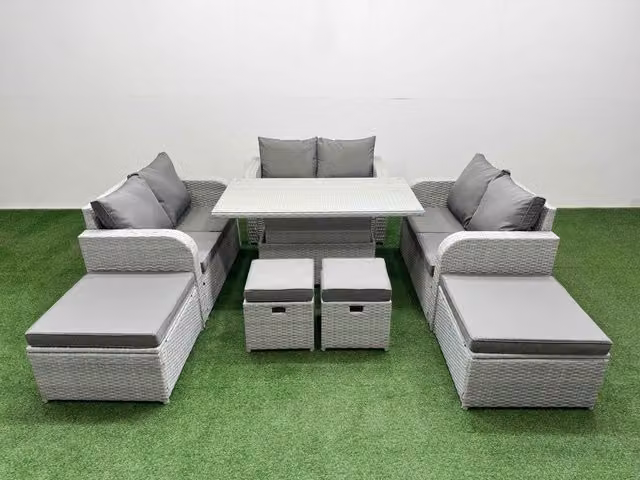 Fimous 8 Piece Rising Dining Table Set with Inclining Love Sofa Seat and Big Footstool in Light Grey