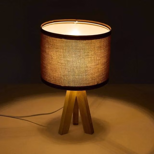 EONLION Rustic Brown Wooden Table Lamp with Fabric Shade and E27 Bulb – 1