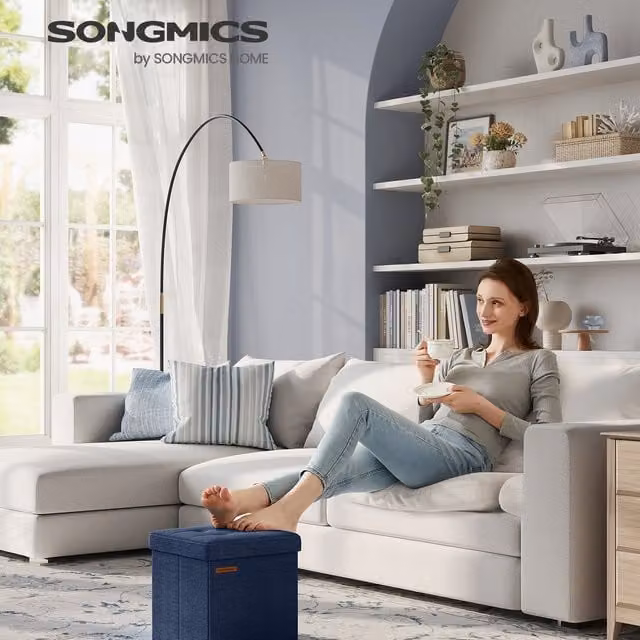 SONGMICS Foldable Fabric Storage Ottoman Footstool in Blue, W/D/H: 30 x 30 x 30 cm