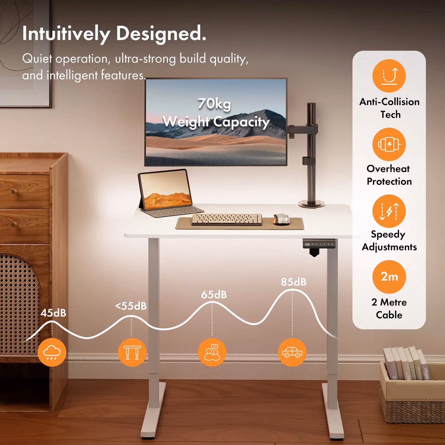 VonHaus Electric Height Adjustable Standing Desk with USB-C Charging in White – 4