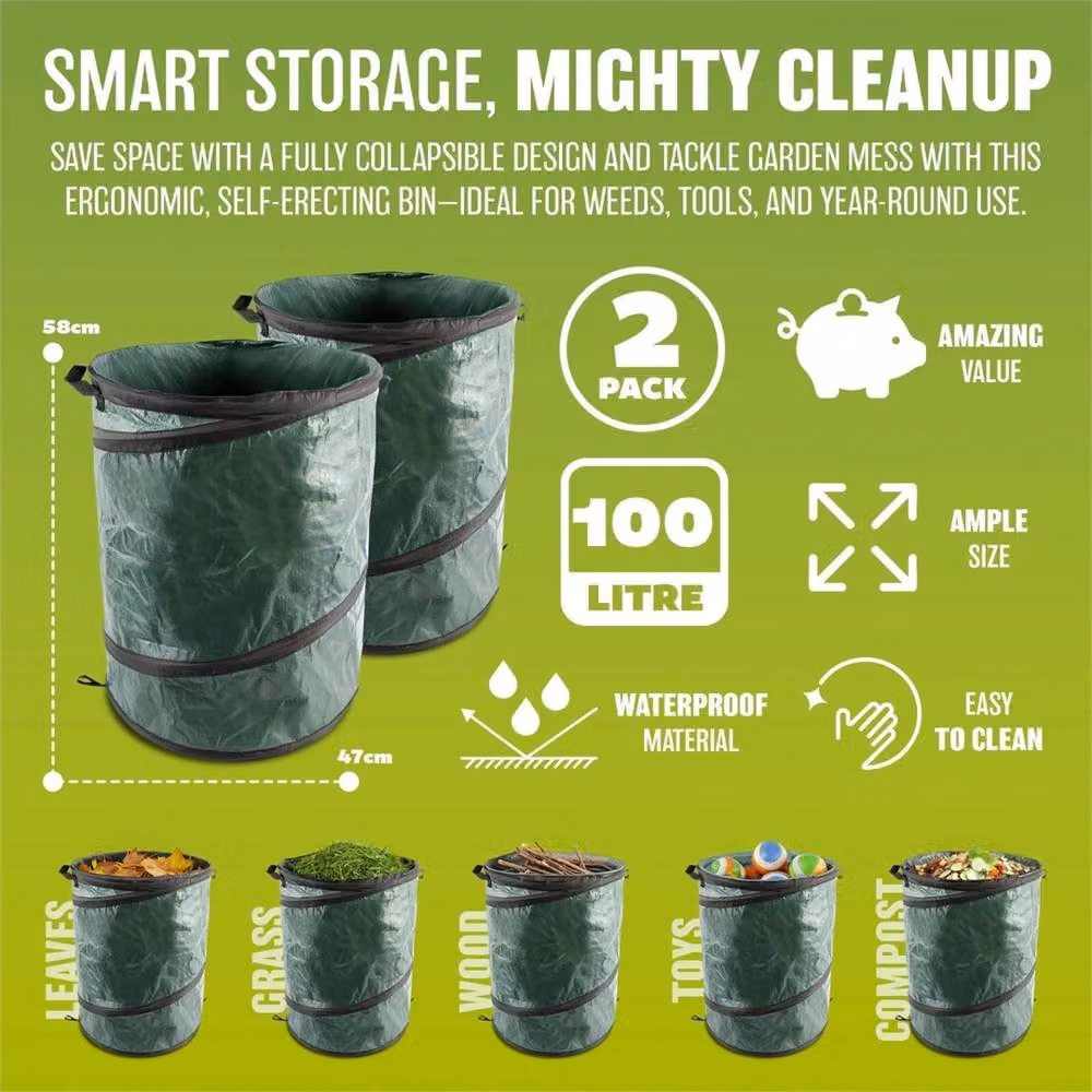 Nordara 2-Piece Large Heavy Duty Waterproof Pop Up Garden Waste Bags in Green – 2