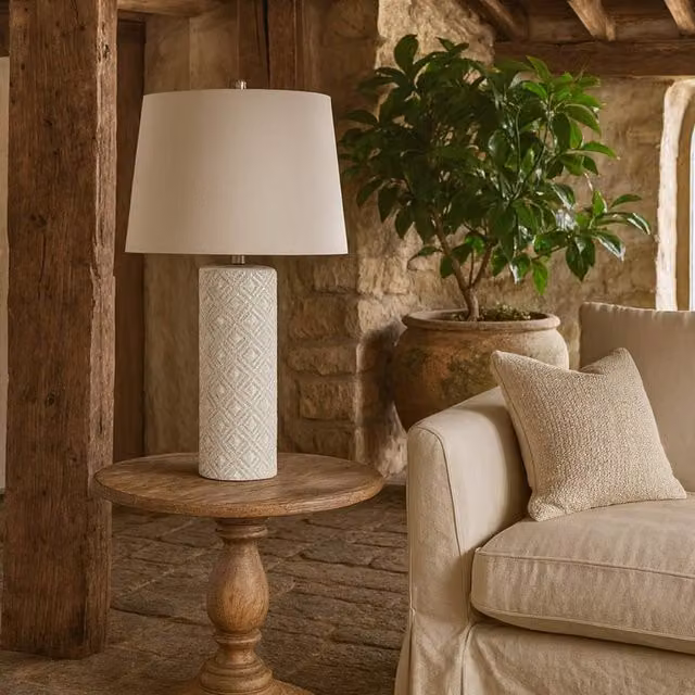 Wyld Haus Lautrec White Geometric Dots Ceramic Table Lamp with Beige Fabric Shade – 1