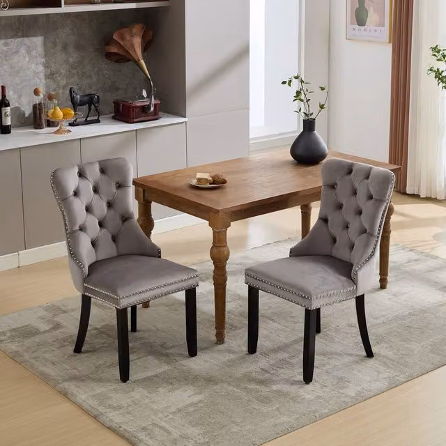 Merax Set of 2 Grey Velvet Button Tufted Dining Chairs with Rubberwood Legs