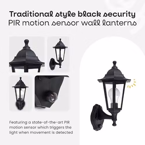 MiniSun Traditional Black Outdoor PIR Motion Sensor Wall Lantern with 10W Warm White LED Bulb – 2
