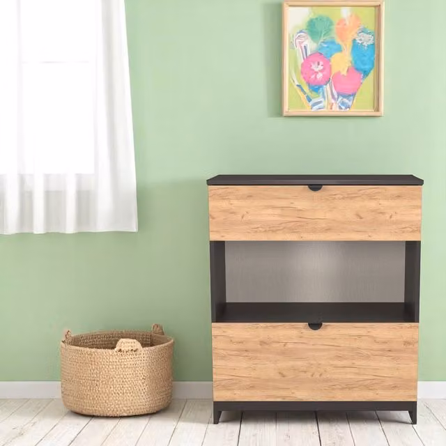 Bora Ready Assembled 2 Drawer Deep Chest with Shelf in Gold Craft Oak and Graphite