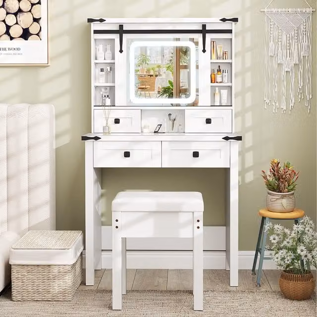 COSTWAY Modern Hollywood LED Dressing Table Set with Glass Top in White