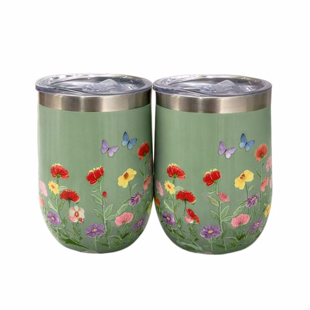 Coopers of Stortford Set of 2 Insulated Stainless Steel Floral Tumblers with Secure Lids in Green – 2