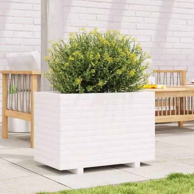 Berkfield Home Ornamental White Wood Garden Planter Tub W: 70 cm, D: 40 cm, H: 49.5 cm