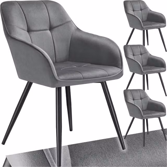 TECTAKE Marilyn Dining Chair Set of 4 in Grey and Black Velvet Fabric with Geometric Pattern