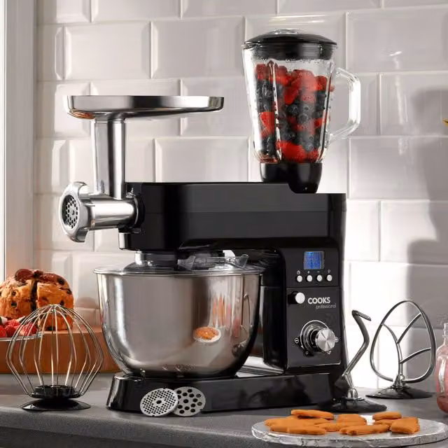 Cooks Professional Multifunction Stand Mixer 1200W with Mincer, Blender and 6.2L Stainless Steel Mixing Bowl in Black