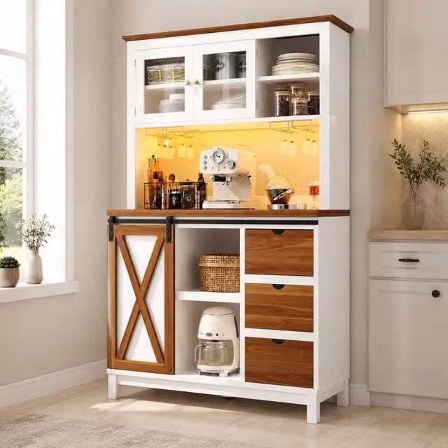 STILVORA Modern Tall Kitchen Cabinet with Integrated LED Lighting and White Sliding Glass Doors