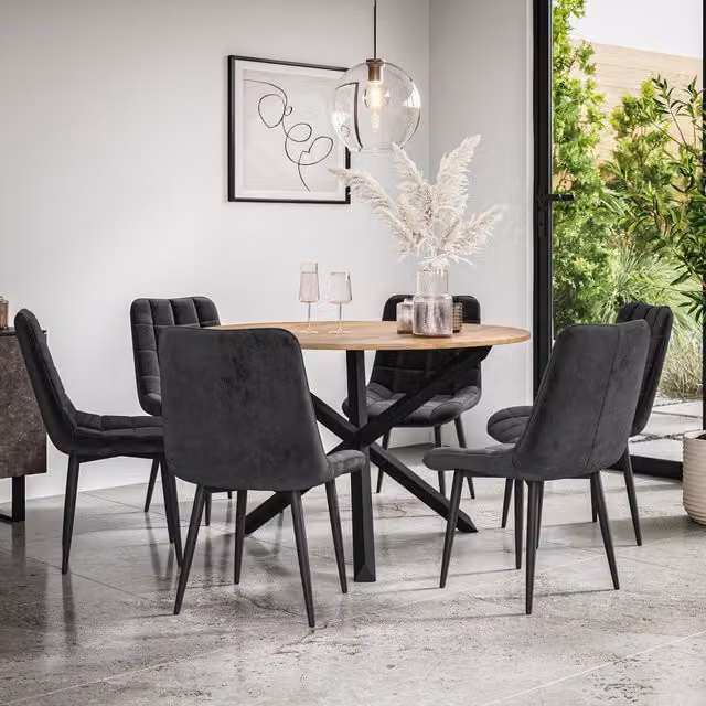 More4Homes Malvern Round Dining Table and Set of 6 Nova Velvet Chairs with Oak Top and Black Legs – 1