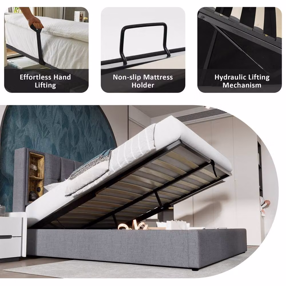 Rolipo Grey Linen Super King Size Bed with Hydraulic Storage and USB Charging Ports W/D/H: 180 x 200 cm – 5