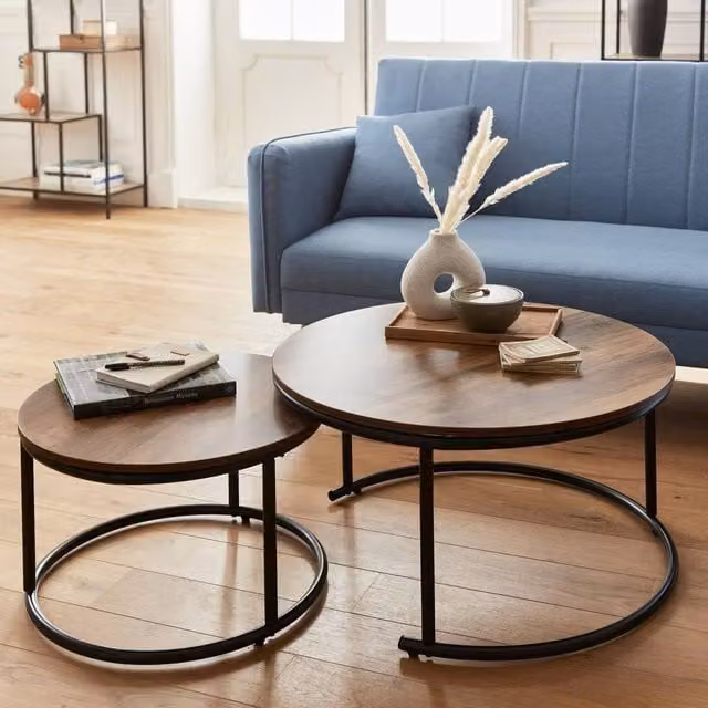 Sweek Pair of Round Nesting Coffee Tables in Light Brown Wood Effect with Black Metal Sled Base – 1