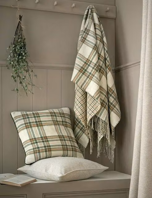 Laura Ashley Padbury Check Reversible Tassled Throw in Green Mix
