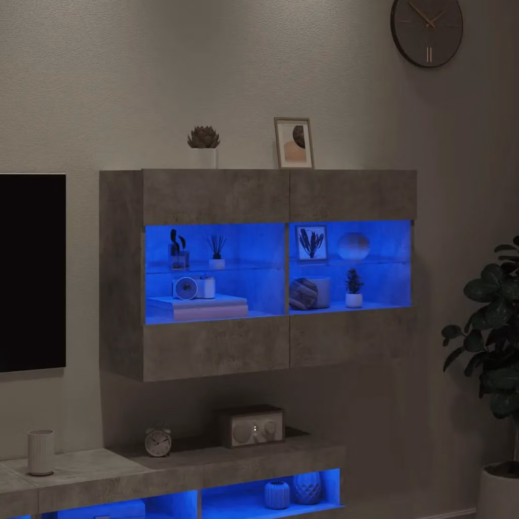 Berkfield Home Modern Wall Mounted TV Cabinet with Integrated LED Lights and Internal Shelves in Matt Concrete Grey, W: 98.5 cm, D: 30 cm, H: 60.5 cm – 2