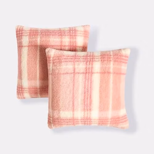 OHS Pack of 2 Winter Check Teddy Fleece Square Cushion Covers, Pink, W/D/H: 45 x 45 x 45 cm