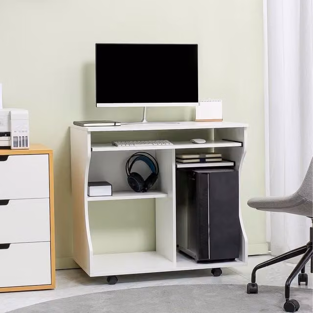 HOMCOM Modern Rectangular Computer Office Desk with Castors in White