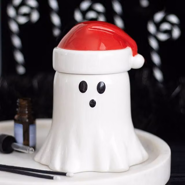 Uniqueful Ghost with Santa Hat Ceramic Oil Burner and Wax Warmer in White and Multicolour