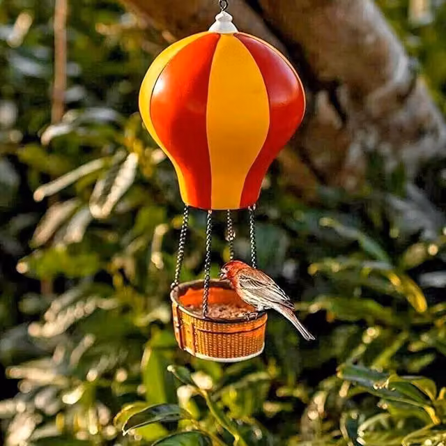 Garden Mile Hanging Hot Air Balloon Bird Feeder in Red and Yellow