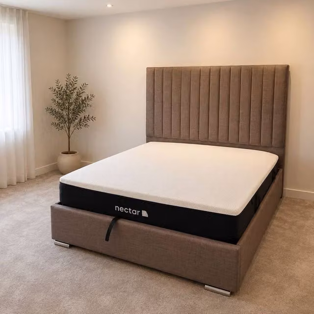 Stratus Interiors Romana Slim Paneled Designer Bed Frame in Brown Velvet, Double Size (W/H: 140 x 137 cm)