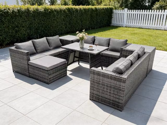 Fimous 10 Seater U Shape Rattan Sofa Set with Outdoor Dining Table in Dark Grey Mixed – 2