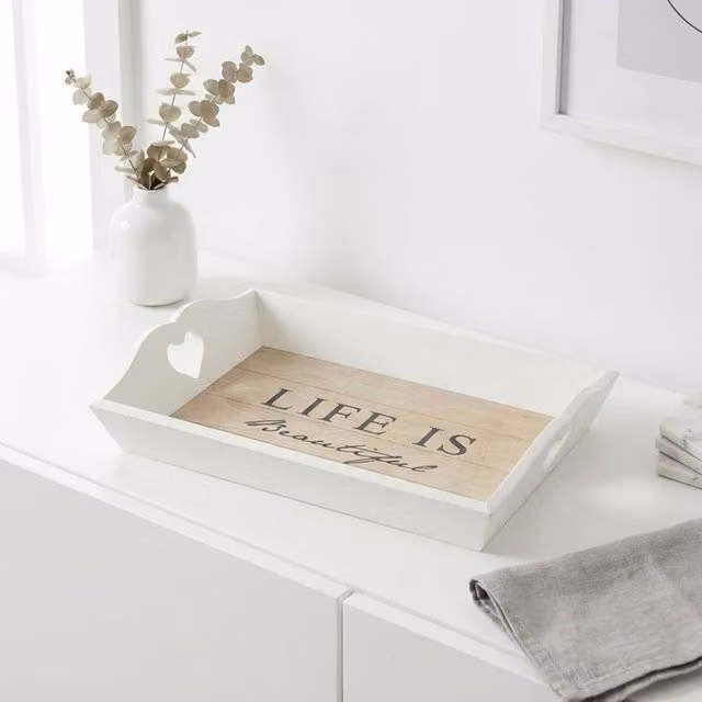 Garden Greatness Life Is Beautiful Decorative Tray, Multicolour and White, W/D/H: 30.0 x 20.0 x 6.0 cm
