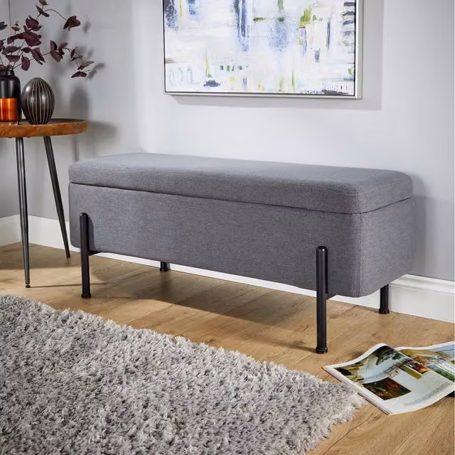 Home Source Oasis Ottoman in Grey Polyester Linen Fabric with Black Metal Legs