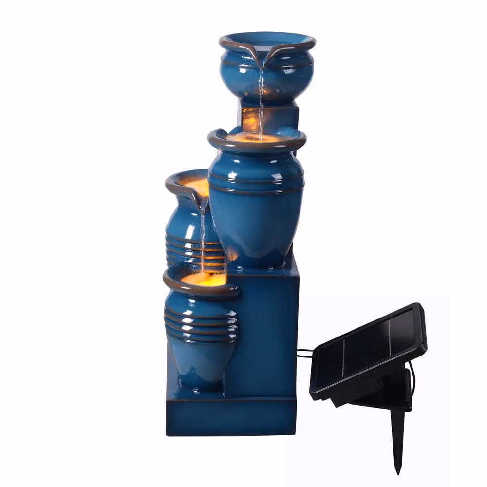 Teamson Home Solar Outdoor Cascade Water Fountain with LED Lights in Blue and Brown, Height: 73 cm – 2