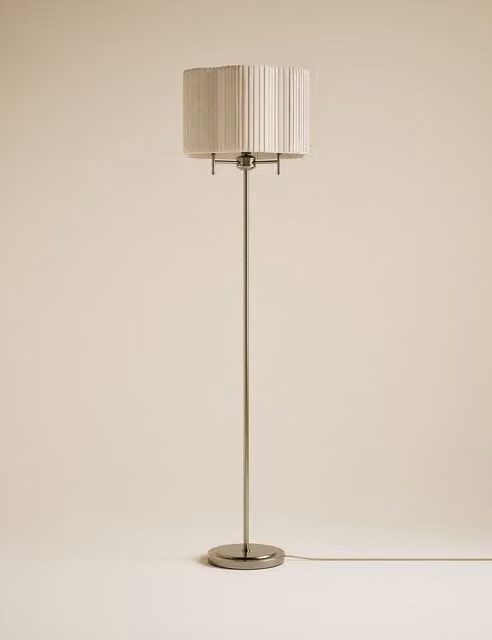 M&S Scallop Pleated Fabric Shade Floor Lamp with Brass Base in Gold/Brass