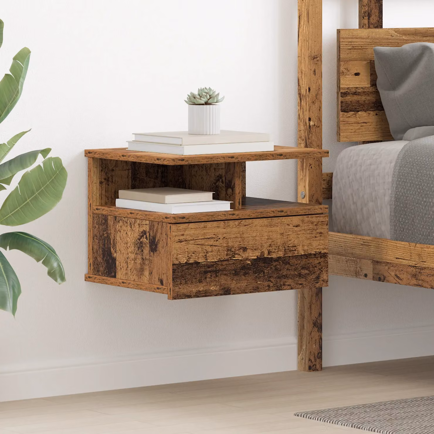 Berkfield Home Set of 2 Floating Nightstands in Brown Old Wood, W/D/H: 40 x 31 x 27 cm – 4