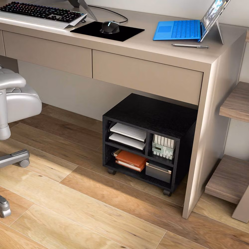 STILVORA Black Matt Printer Stand with 3 Compartments and Castors – 7