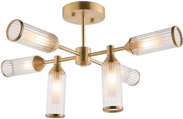 Loops Brass Semi Flush 6 Bulb Ceiling Light with Transparent Ribbed Glass Shades in Gold/Brass